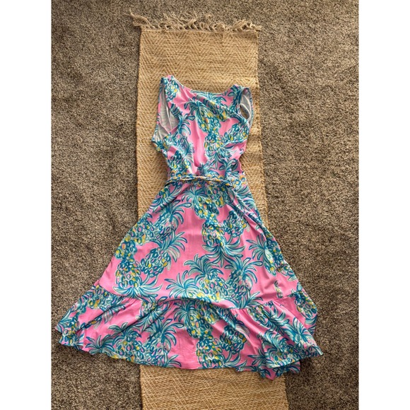 Lilly Pulitzer Pink Pineapple Sleeveless Wrap Dress Ruffle Hem Medium - Picture 7 of 10